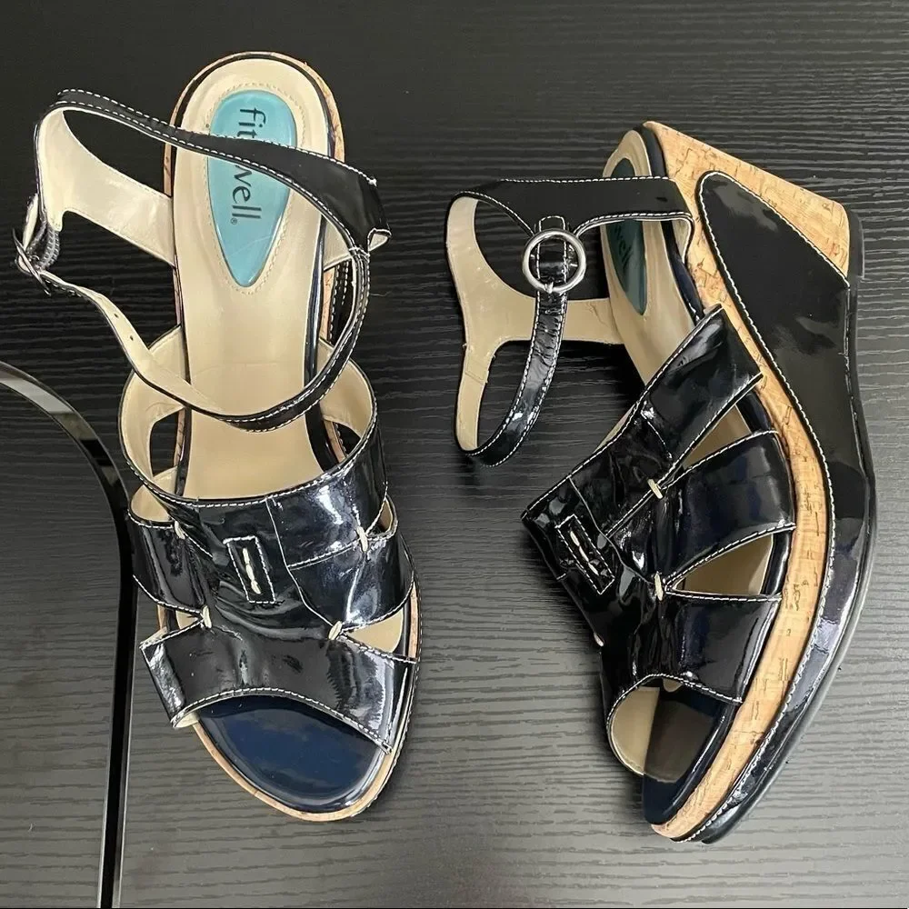 Fitzwell Navy Patent Leather and Cork Platform Wedge Strap Sandals, 9 1/2